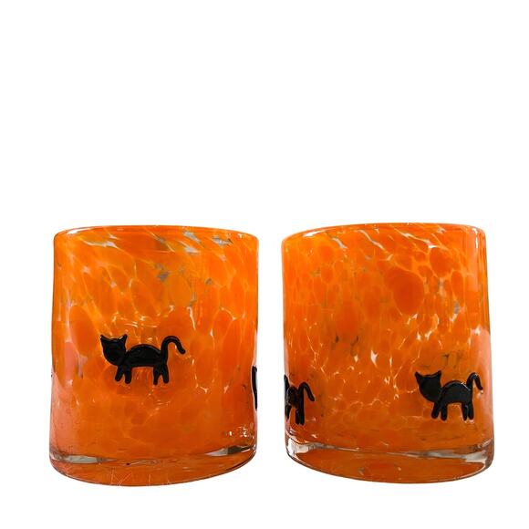 Halloween CAT Inlay Double Old Fashioned Glass Set of 2 Spooky Orange New - Picture 1 of 10